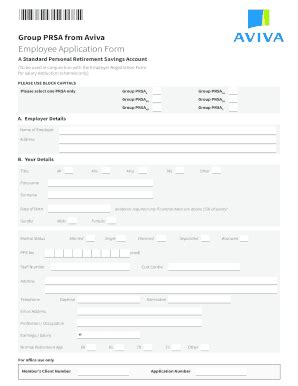 Fillable Online Group Prsa From Aviva Employee Application Form Fax