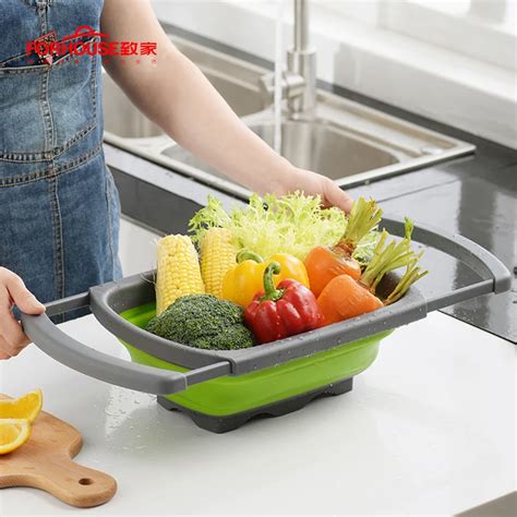 Silicone Dobrável Dreno Cesta Vegetal Frutas Lavagem Dobrável Coador De