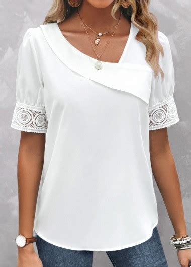 White Patchwork Short Sleeve Asymmetrical Neck Blouse Modlily