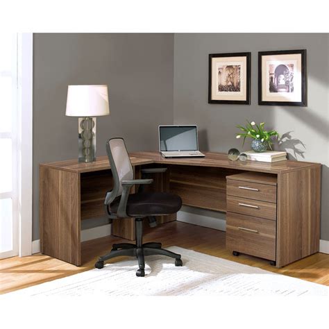 Modern Walnut L-shaped Desk with Mobile Pedestal - OfficeDesk.com