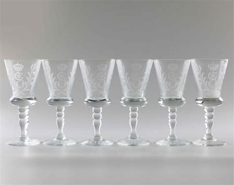 VINGLAS 6 St Med Gustaf III Monogram Reijmyre 1900 Tal Glas