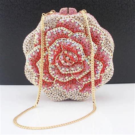 Free Shipping Unique Luxury Womens Rhinestone Rose Flower Clutch Evening Bag Party Handbag Box