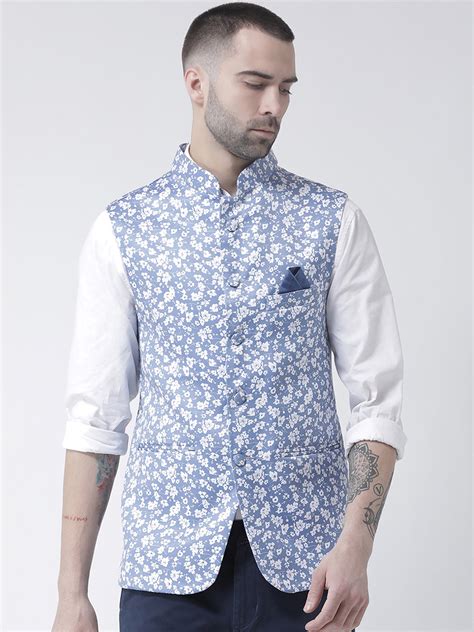 Men Blue And White Printed Nehru Jacket With Pocket Square My Originals