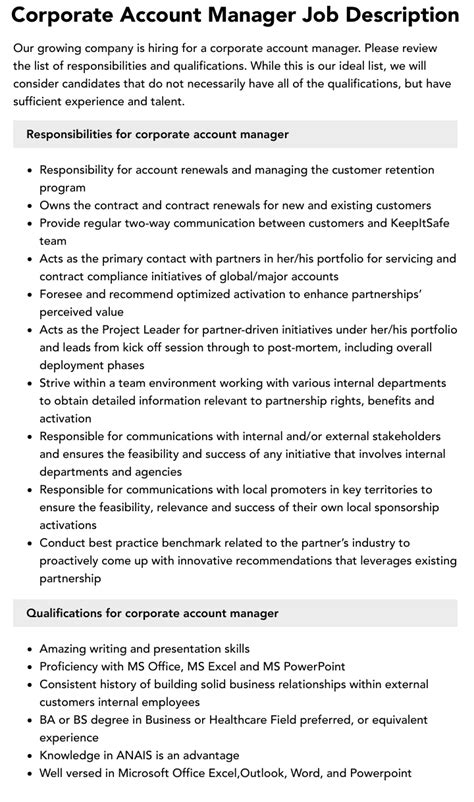 Corporate Account Manager Job Description Velvet Jobs