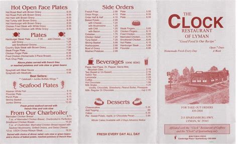 Menu at Clock Restaurant of Lyman, Lyman