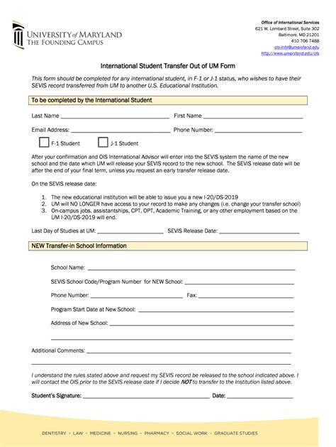 Fillable Online Umaryland International Student Transfer Out Form