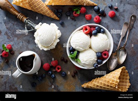 Vanilla Ice Cream Scoops In A Bowl With Fresh Berries Stock Photo Alamy