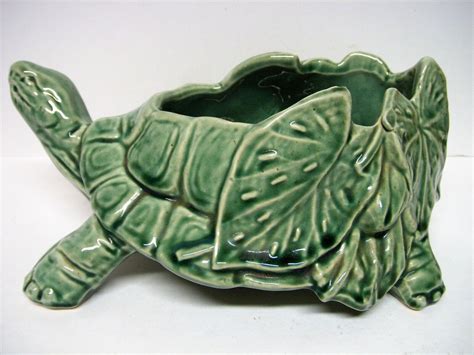 Vintage Mccoy Pottery Leafy Green Turtle Planter Marked Mccoy Usa