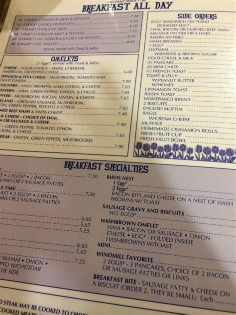 Menu at Windmill Restaurant, Holland