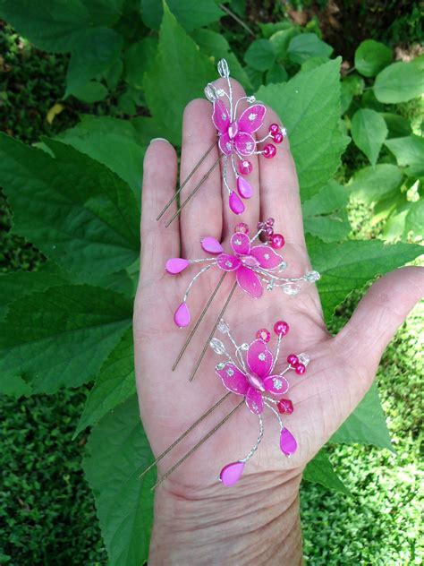 Fuchsia Butterflies Set Of 3 Bridal Hair Pins Butterfly Etsy