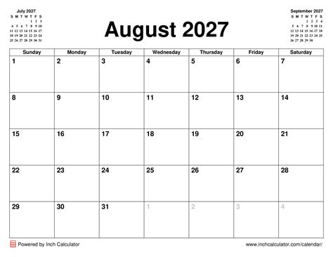 August 2027 Calendar - Inch Calculator