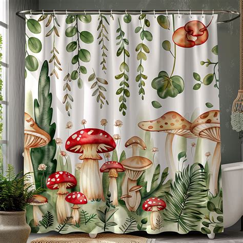 Cartoon Mushroom Forest Shower Curtain Green And Red Mushrooms