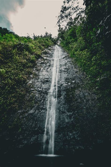 Captura Vertical De Una Hermosa Cascada En Hawaii Oahu Imagen De