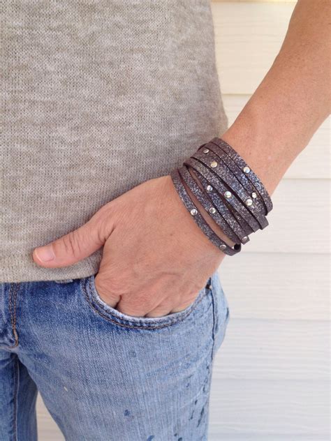 Triple Wrap Metallic Leather Bracelet With Silver Studs