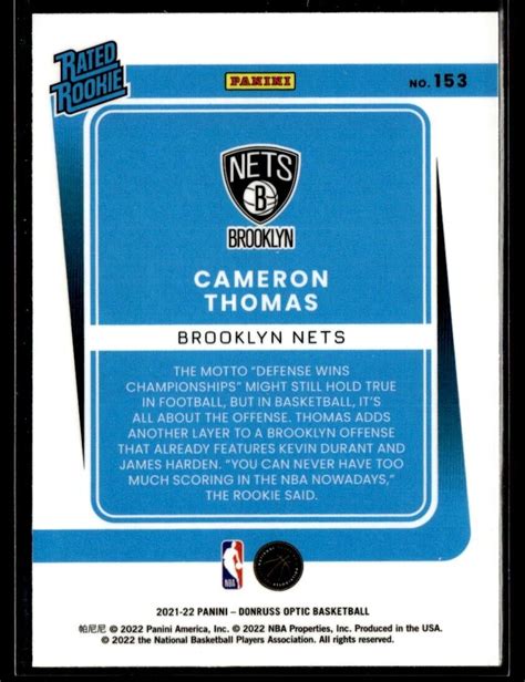 Panini Donruss Optic Cameron Thomas Rated Rookie Rc