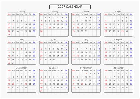 2027年 年間カレンダー 標準 角丸枠 横向き | パソコンカレンダーサイト