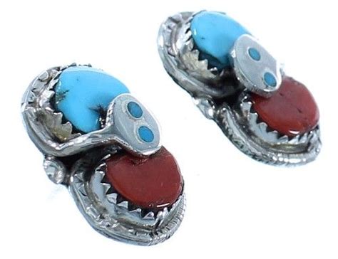 Sterling Silver Turquoise And Coral Zuni Effie Calavaza Snake Post