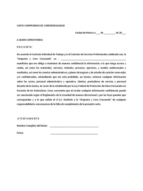 Carta Compromiso De Confidencialidad Pdf