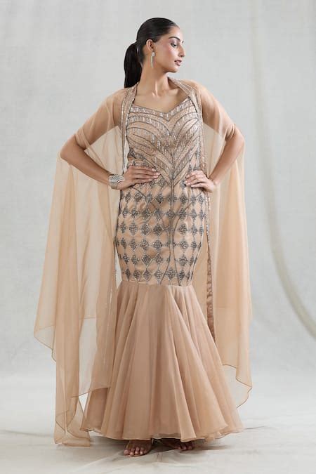 Buy Beige Organza Embroidered Beads V Neck Elanor Gown With Cape For