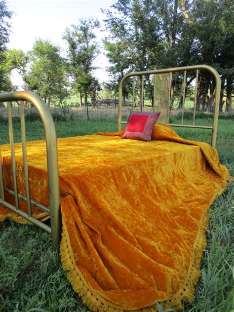 Vintage Crushed Velvet Gold Bedspread With Fringe