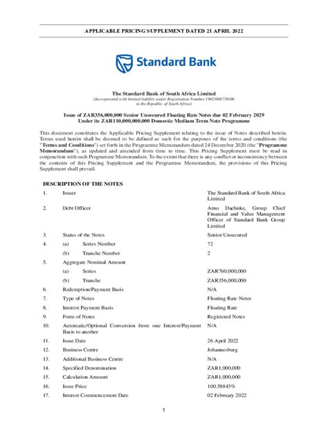 Fillable Online Applicable Pricing Supplement Dated April Fax