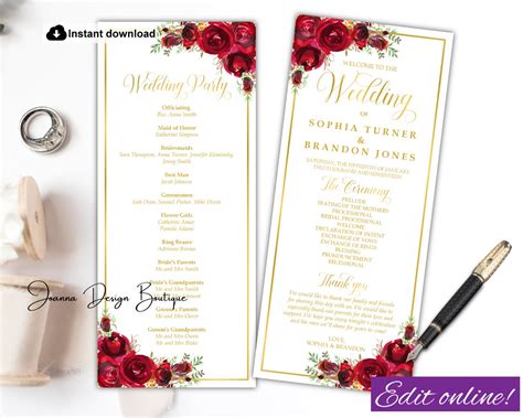 Red Roses Wedding Program Template Tea Length Red Flowers Etsy