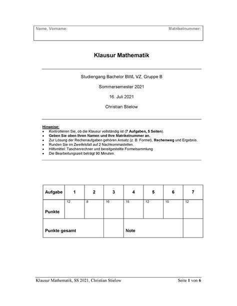 Klausur Mathematik SS21 VZ B Mit Losungen Name Vorname