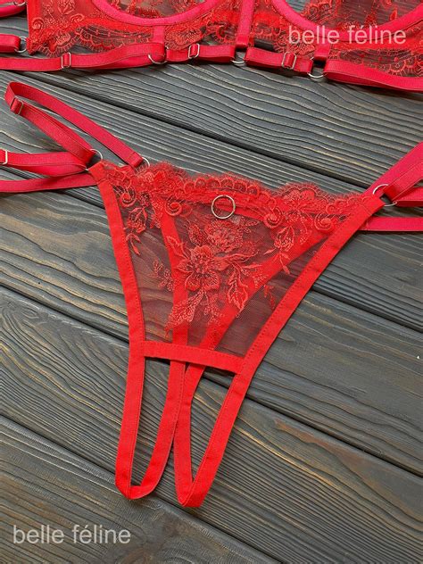 Red Open Crotch Lace Lingerie Set With Floral Embroidery Sexy And Elegant Lingerie Design Open