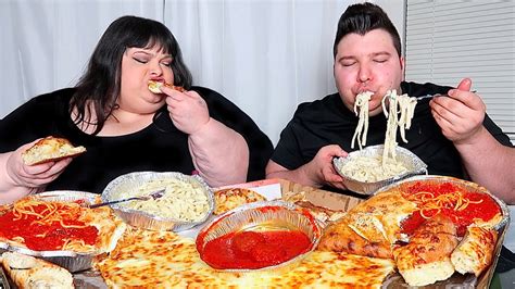 Massive Alfredo Pizza And Fettuccine Noodles With Hungry Fat Chick