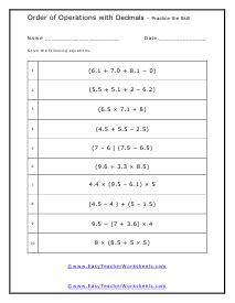 Order of Operations with Decimals Worksheets