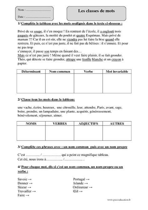 Classes de mots Cm2 Exercices corrigés Grammaire Cycle 3 Pass