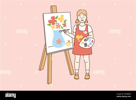 Drawing painting and hobby concept. Smiling girl cartoon character ...