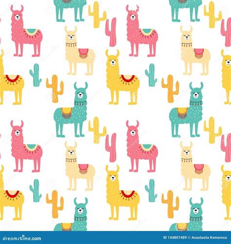 Seamless Pattern With Decorated Lamas In Poncho And Cactus Trendy