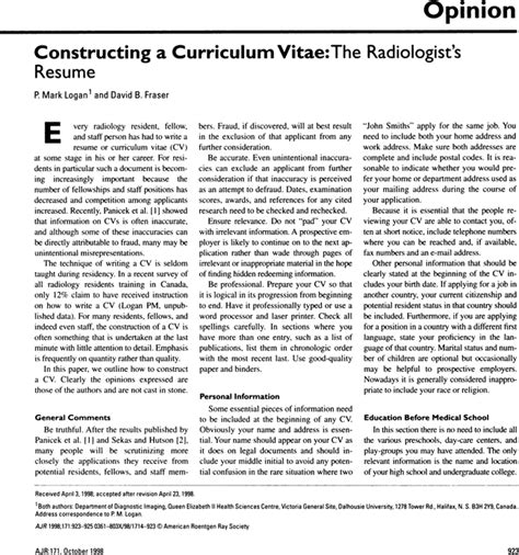 Constructing A Curriculum Vitae The Radiologists Resume Ajr