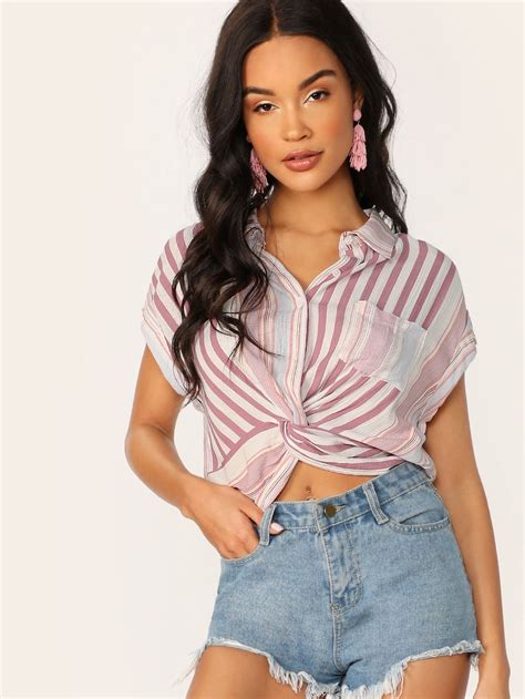 Button Front Twist Detail Striped Cropped Shirt Shein Sheinside