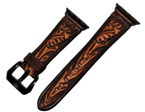 Leather Watch Band Hand Carved Oak Leaf Hadlock Designs