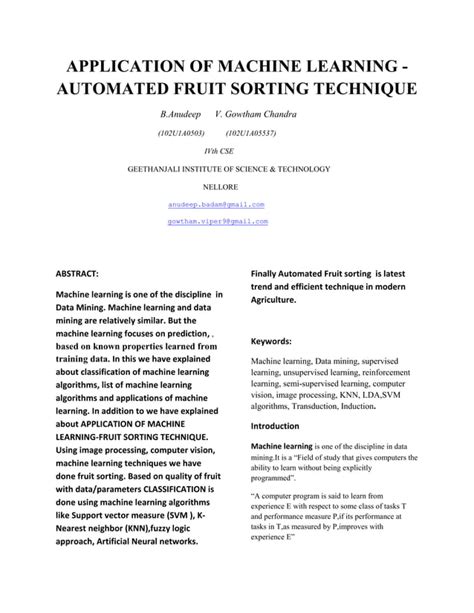 Machine Learning Application Automated Fruit Sorting Technique Pdf