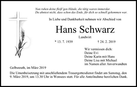 Hans Schwarz Traueranzeige Trauer InFranken De