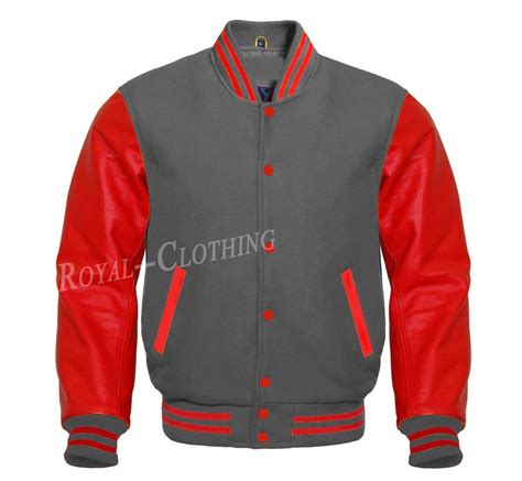 Letterman Baseball Varsity Jacket In Dark Grey Wool Genuine Red Leather