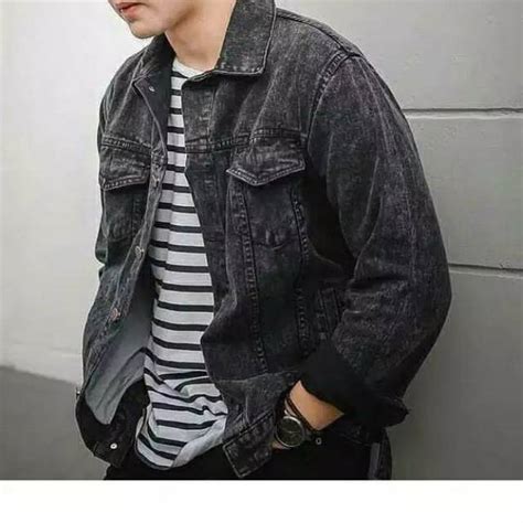 Jual Jaket Jeans Polos Bio Black Pekat Pria Jin Cowo Model Kerah Laki