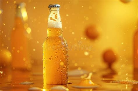 Close Up Of A Condensation Bottle Of Beer On A Wet Table With Blurred