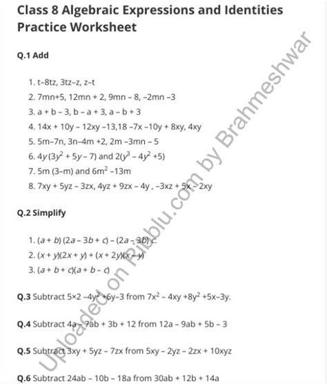 Algebraic Expressions And Identities Worksheets For Class 8 Algebraic