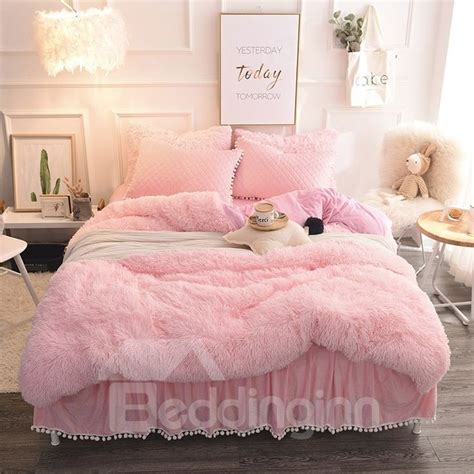 Princess Style Solid Pink With Quilting Bed Skirts Thick 4 Piece Fluffy