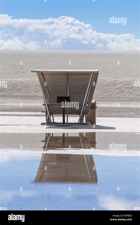 Space Age Picnic Shelters Reflecting In Pond From Recent Heavy Rains In