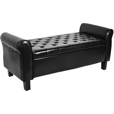 Fionafurn Contemporary Ottoman Storage Bench With Rolled Arms Black Pu