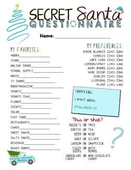 Printable Secret Santa Questionnaire For Gift Exchange Work Or