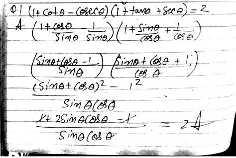 Prove The Following Identities I 1 Cot⁡ θ Cosec θ1 Tan⁡ θ