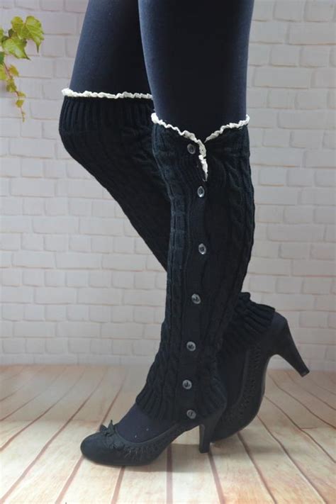 Black Button Down Knited Leg Warmers With Lace Lace Etsy Lace Leg