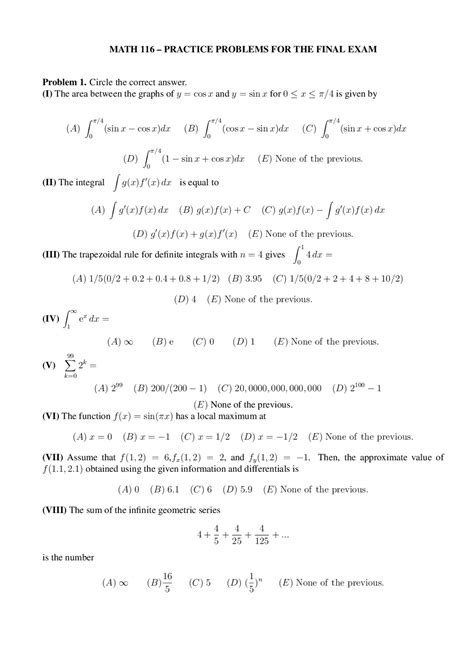 Calculus Ii Final Exam Practice Problems Math 116 Docsity