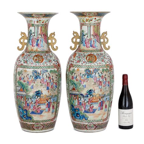 Pair Of Large Canton Style Famille Rose Porcelain Vases Mayfair Gallery